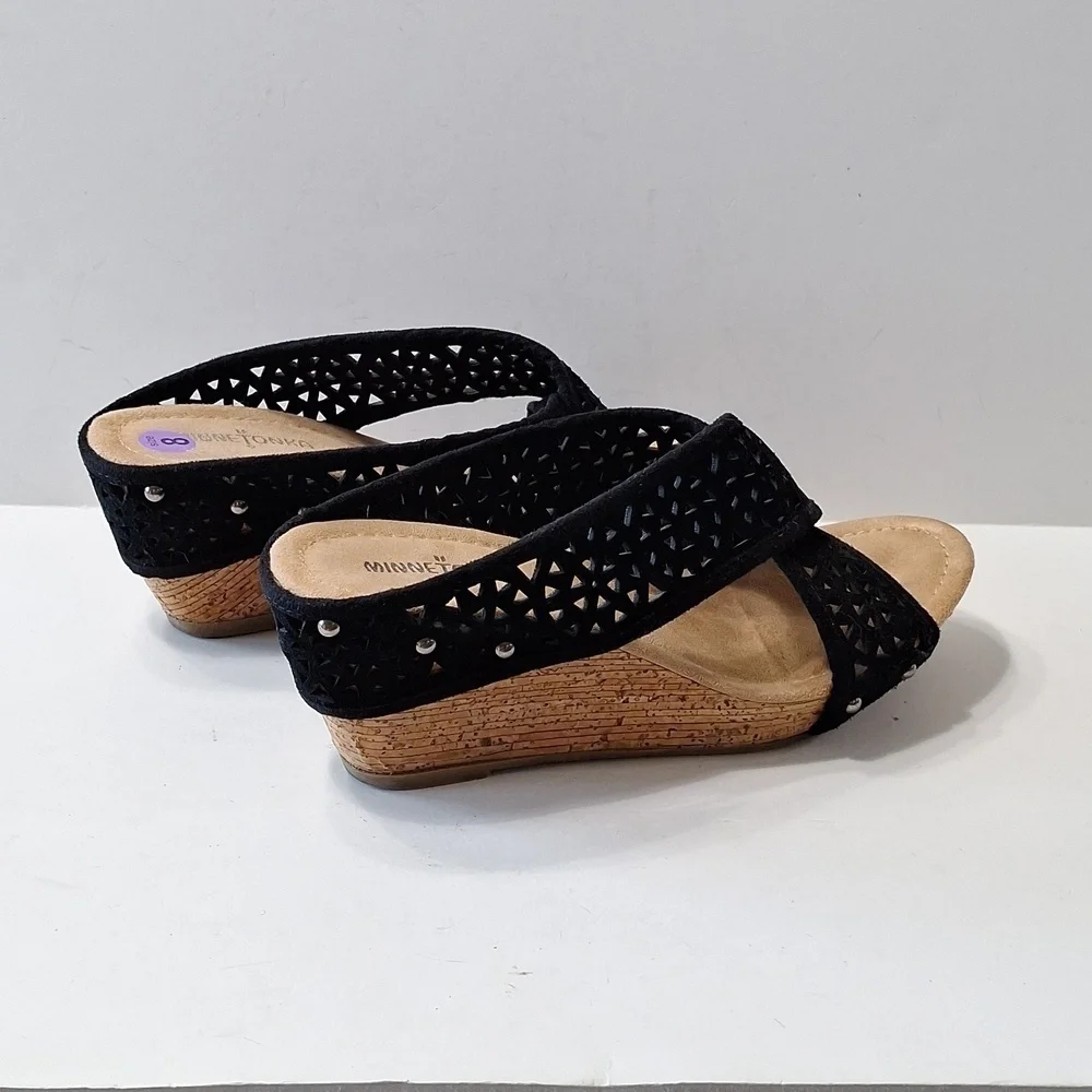 Minnetonka Black Tan Bohemian Lainey Boho Cut Out Suede Wedge Sandals Size 8